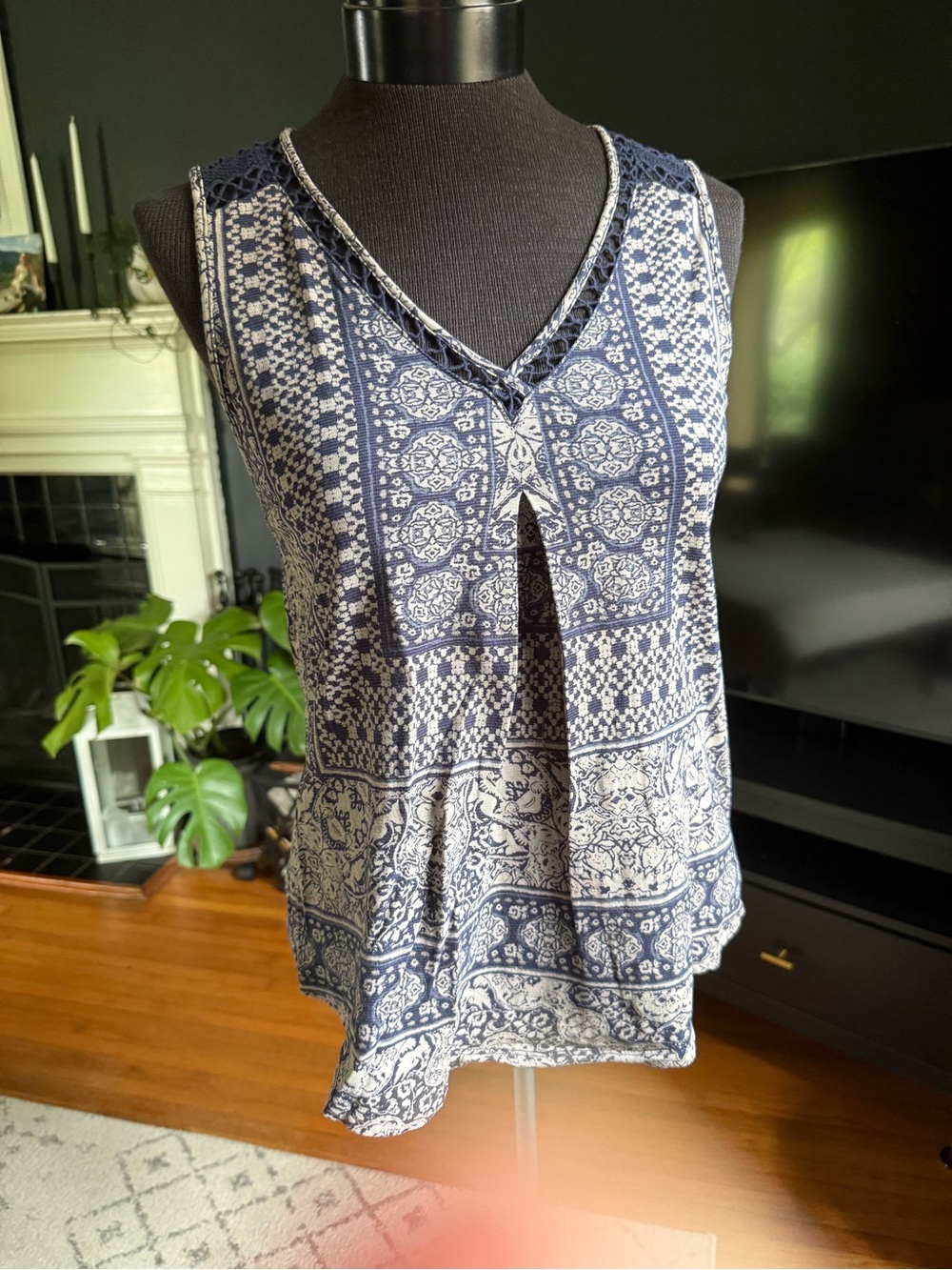Lucky Brand Navy and White Patterned V-Neck Tank with Front Keyhole